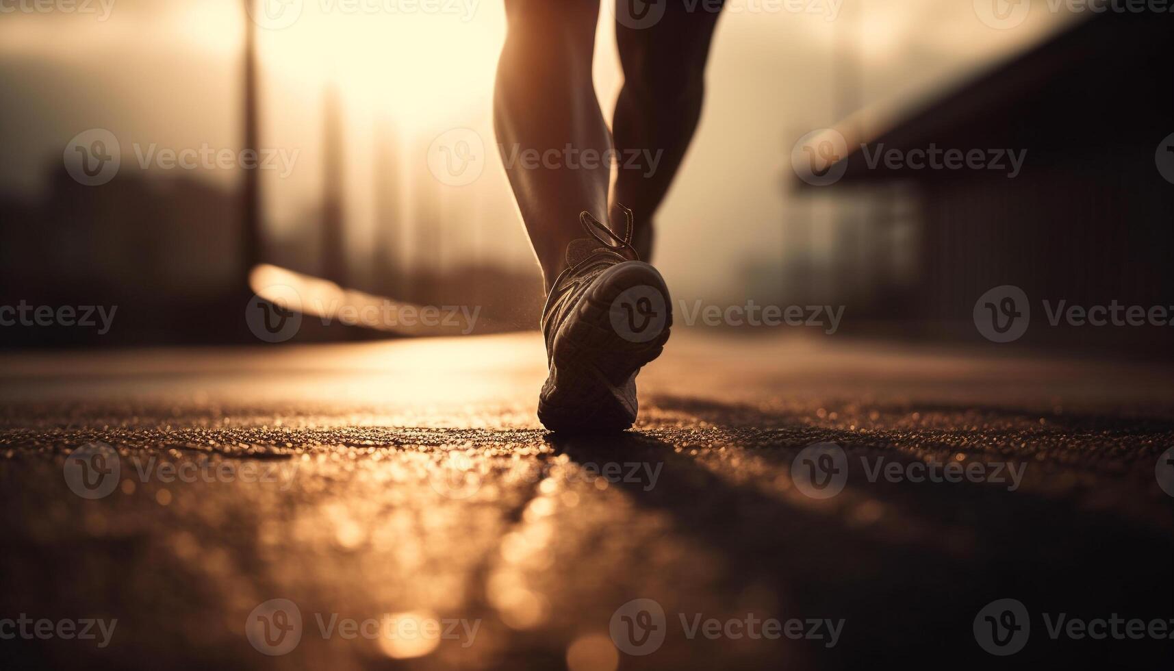 jovem adulto corrida ao ar livre às alvorecer, promovendo saudável estilo de vida gerado de ai foto