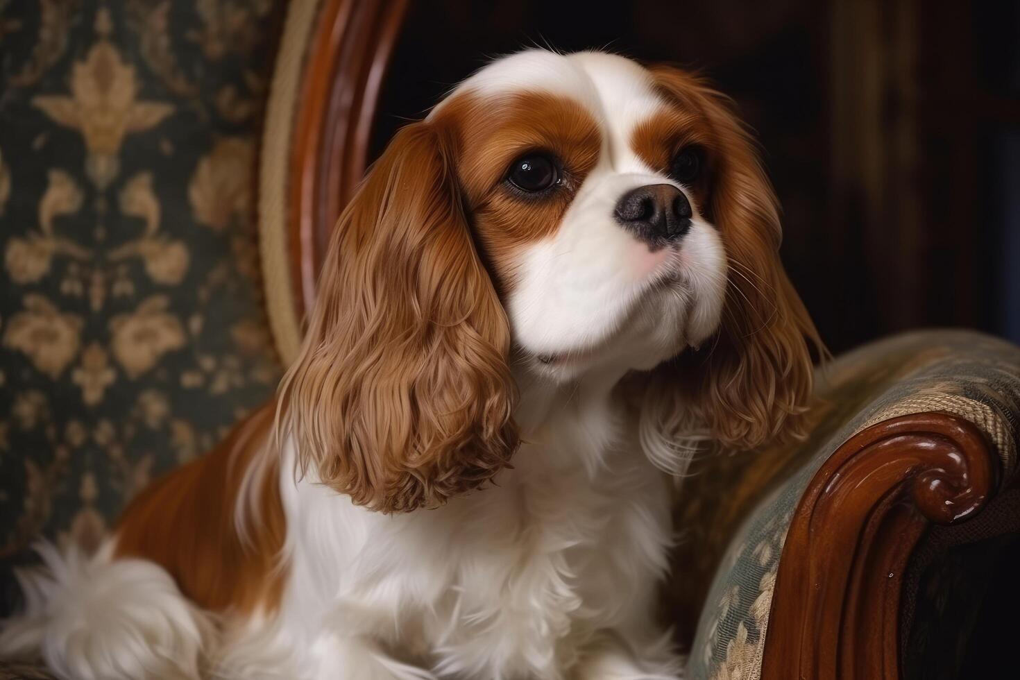 descuidado rei Charles spaniel sentado em uma vintage cadeirão. ai gerado foto