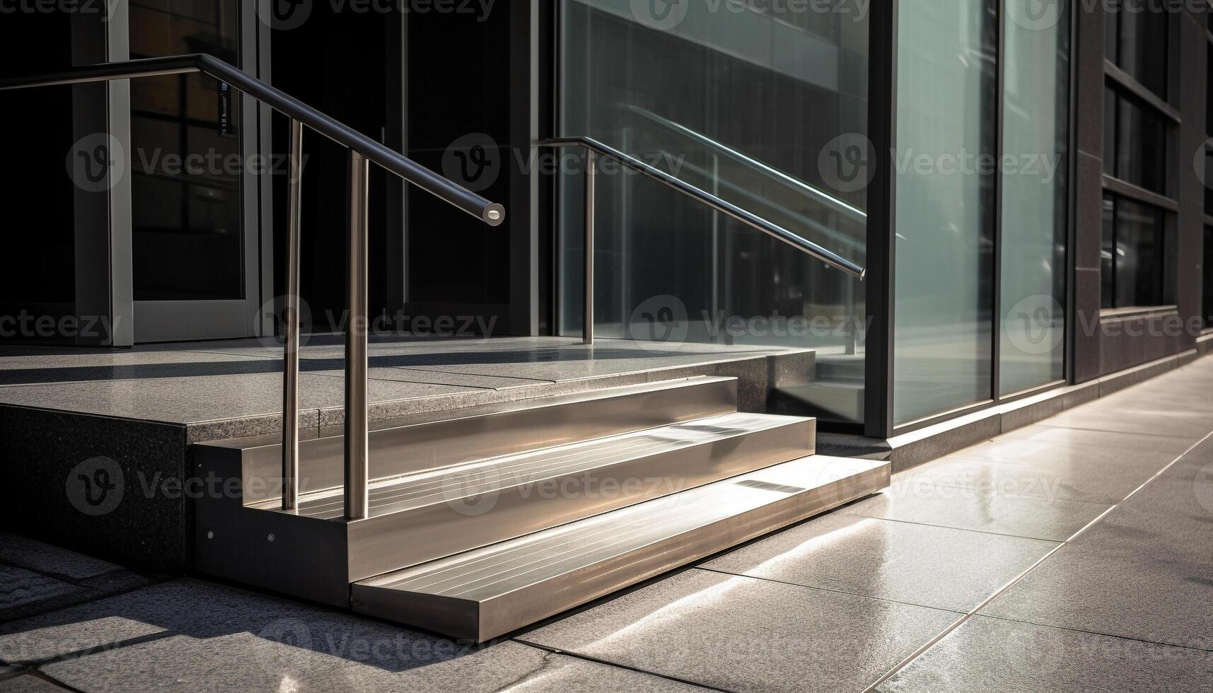 futurista aço Escadaria reflete moderno arquitetura dentro esvaziar Entrada corredor gerado de ai foto