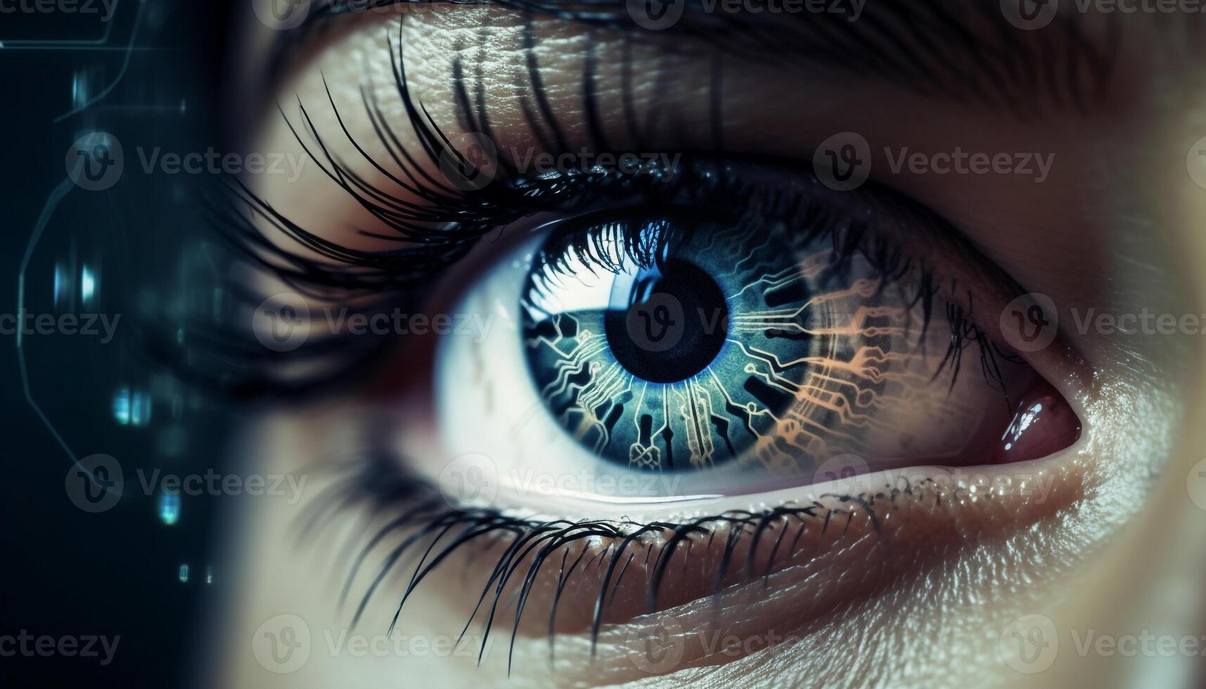 azul olhos mulher encarando às Câmera, fechar acima do íris gerado de ai foto