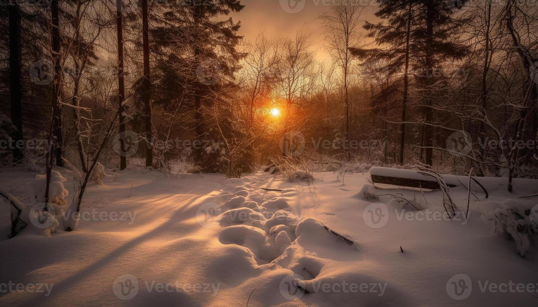tranquilo inverno floresta, neve coberto trilha, luz solar através gelado árvores gerado de ai foto