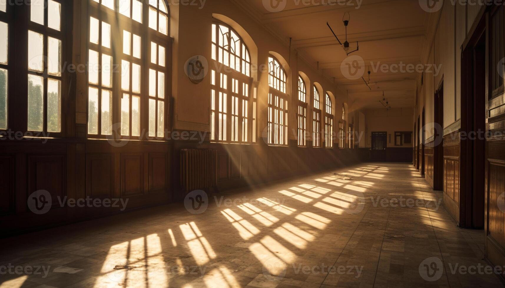 dentro uma moderno prédio, a esvaziar corredor conduz para luz solar gerado de ai foto