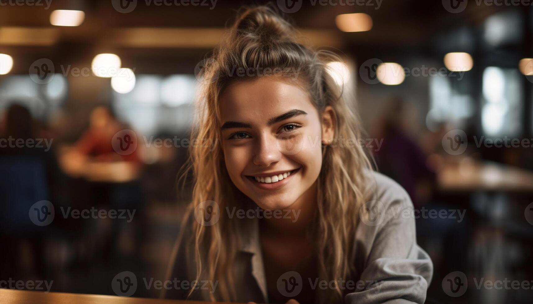sorridente jovem adulto mulher olhando às Câmera com confiança dentro de casa gerado de ai foto