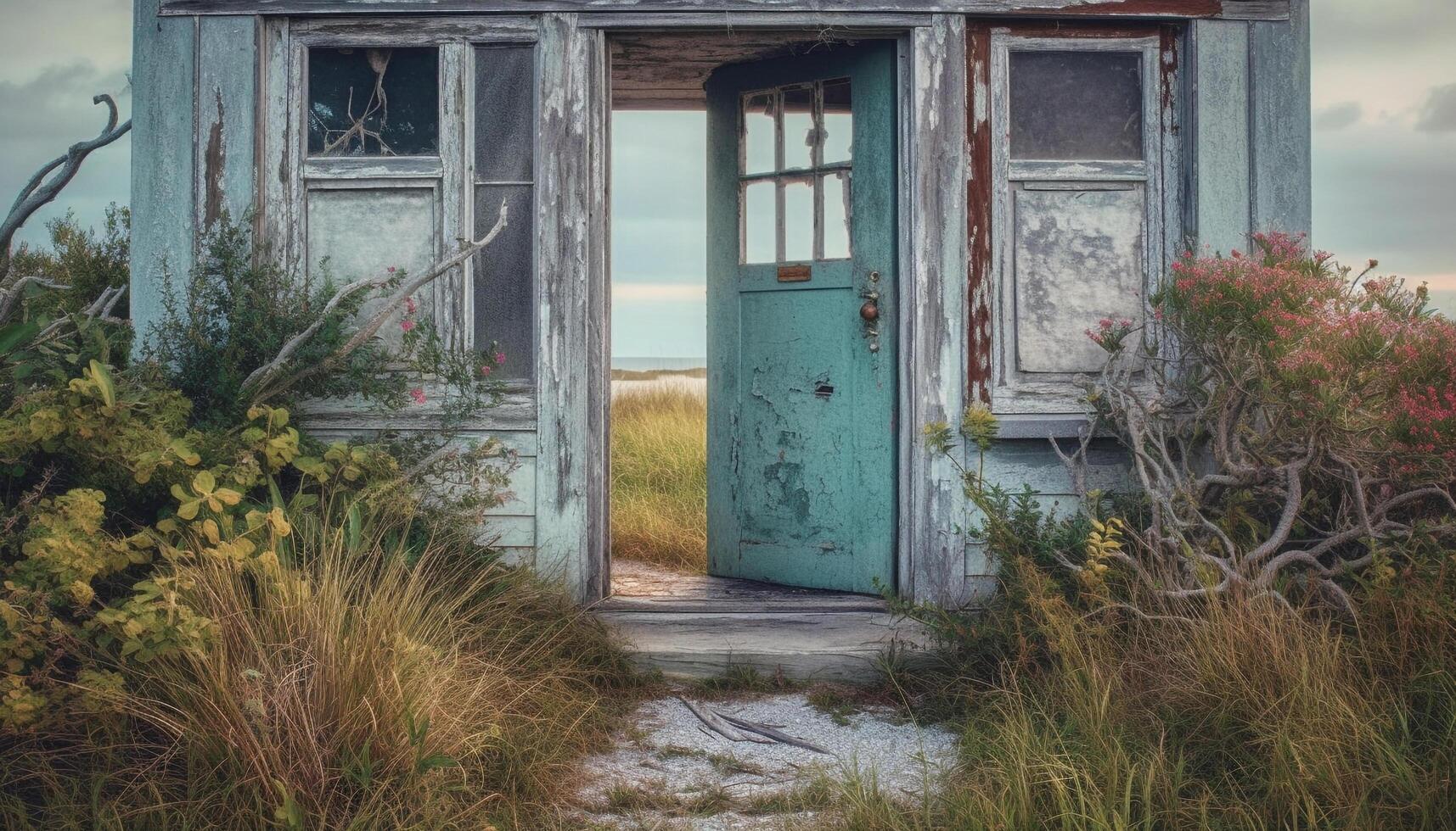 oxidado velho cabana, cheio com natureza, uma assustador Antiguidade relíquia gerado de ai foto