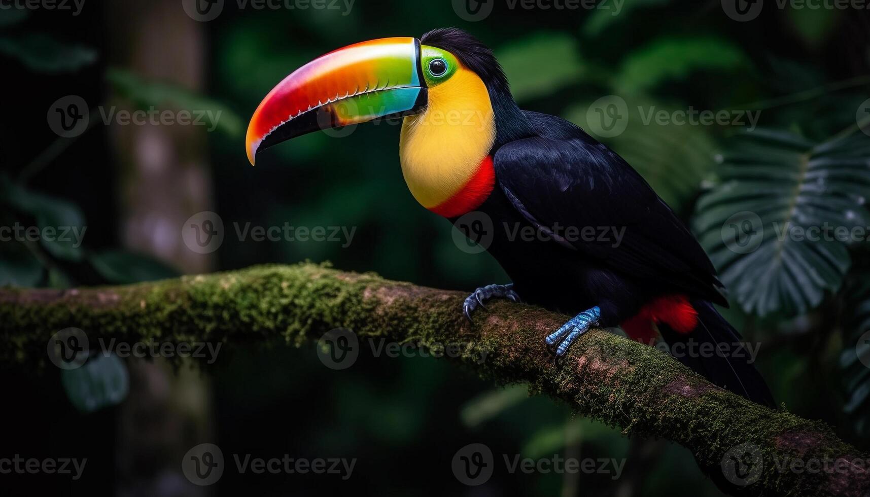 vibrante tucano empoleirado em ramo dentro tropical floresta tropical beleza gerado de ai foto