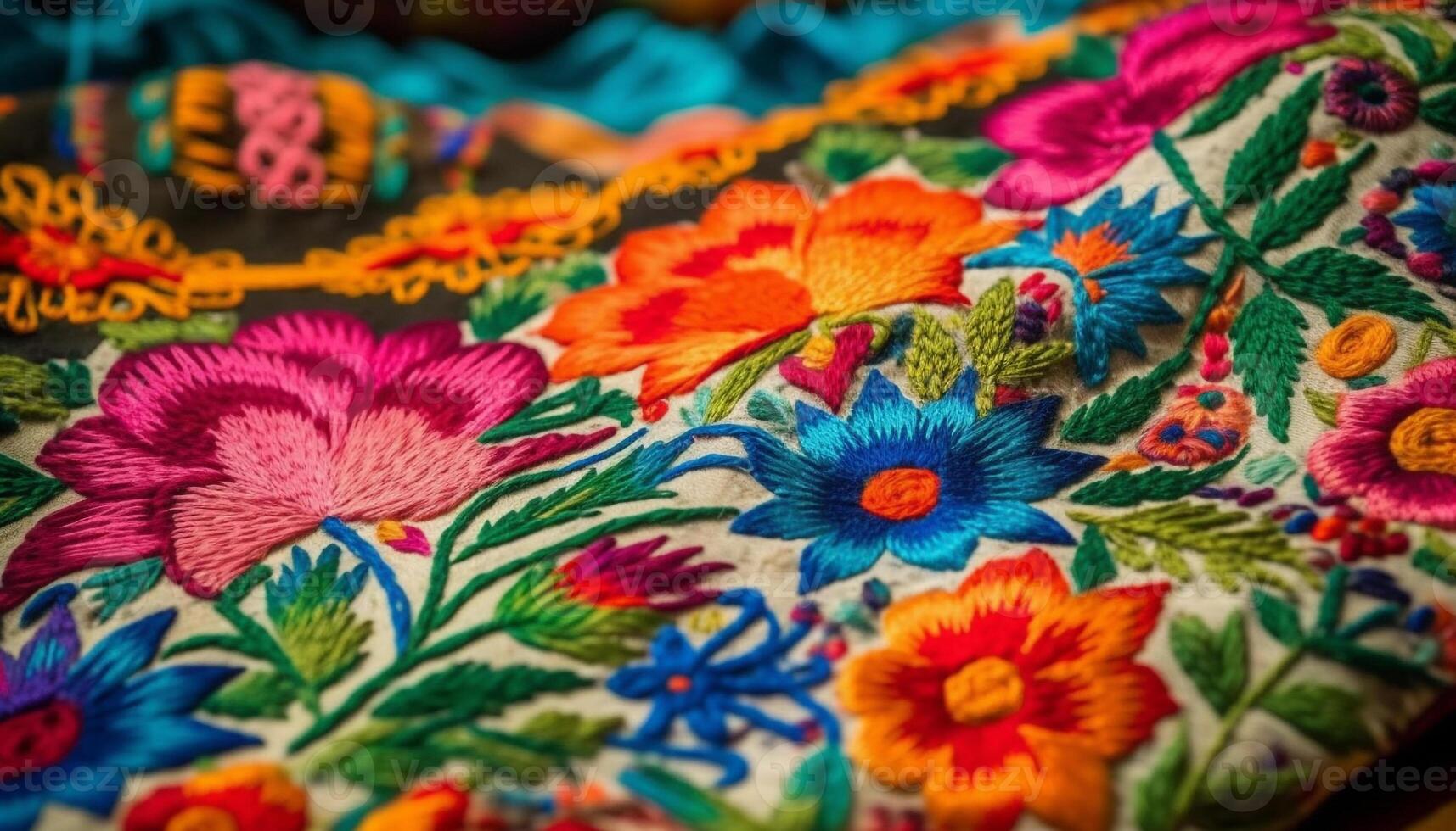 vibrante lã tapeçaria vitrines intrincado floral bordado do turco cultura gerado de ai foto