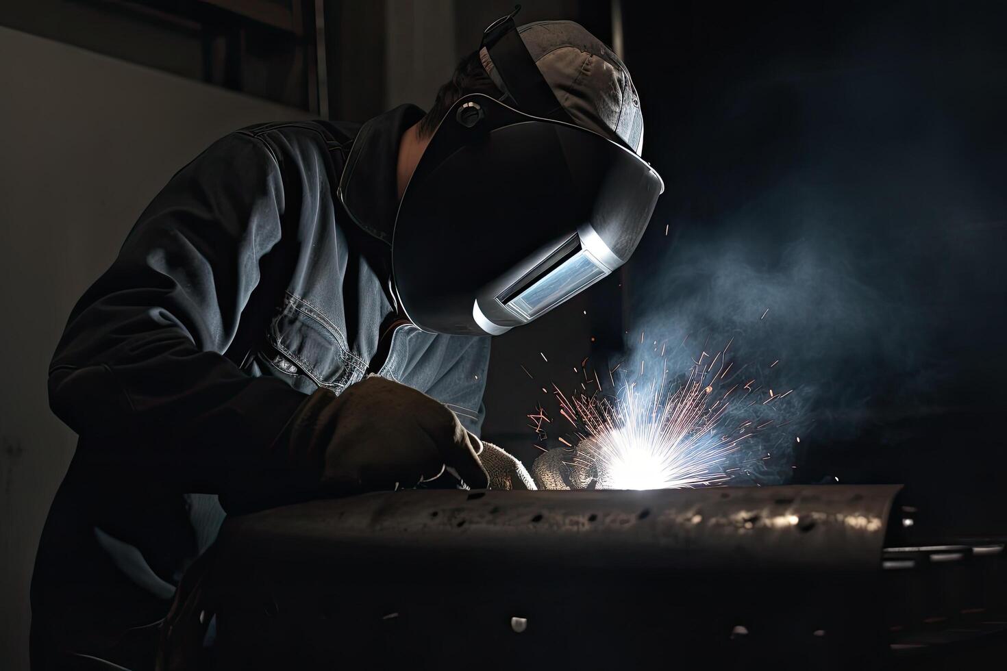 masculino soldador vestindo protetora roupas e Soldagem metal em construção local. a industrial soldador vestindo cheio proteção e Walding, ai gerado foto