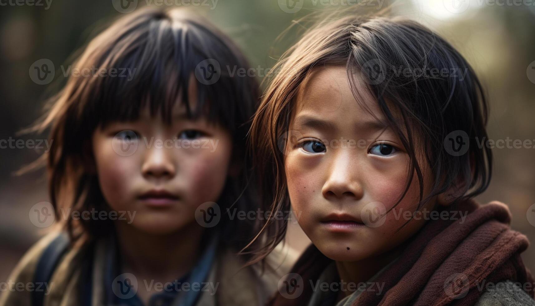 sorridente bebê menina e dela brincalhão irmão apreciar outono natureza gerado de ai foto