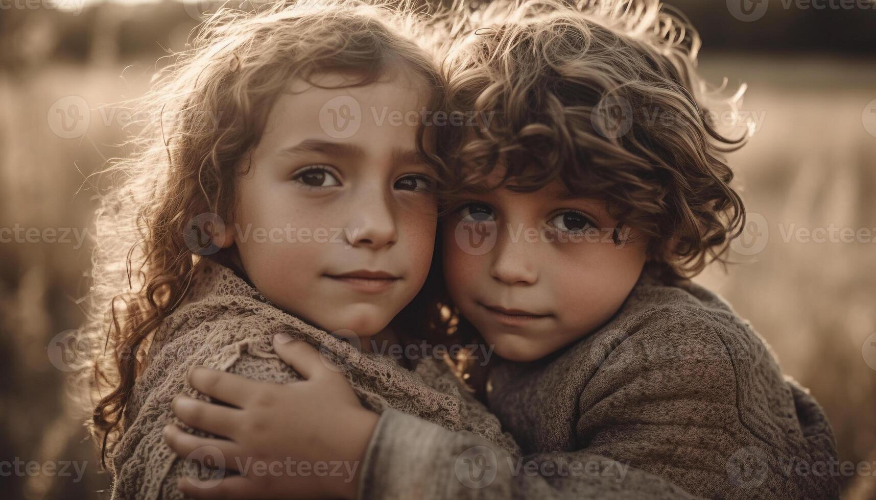 sorridente irmãos abraço dentro natureza, desfrutando brincalhão infância Diversão juntos gerado de ai foto