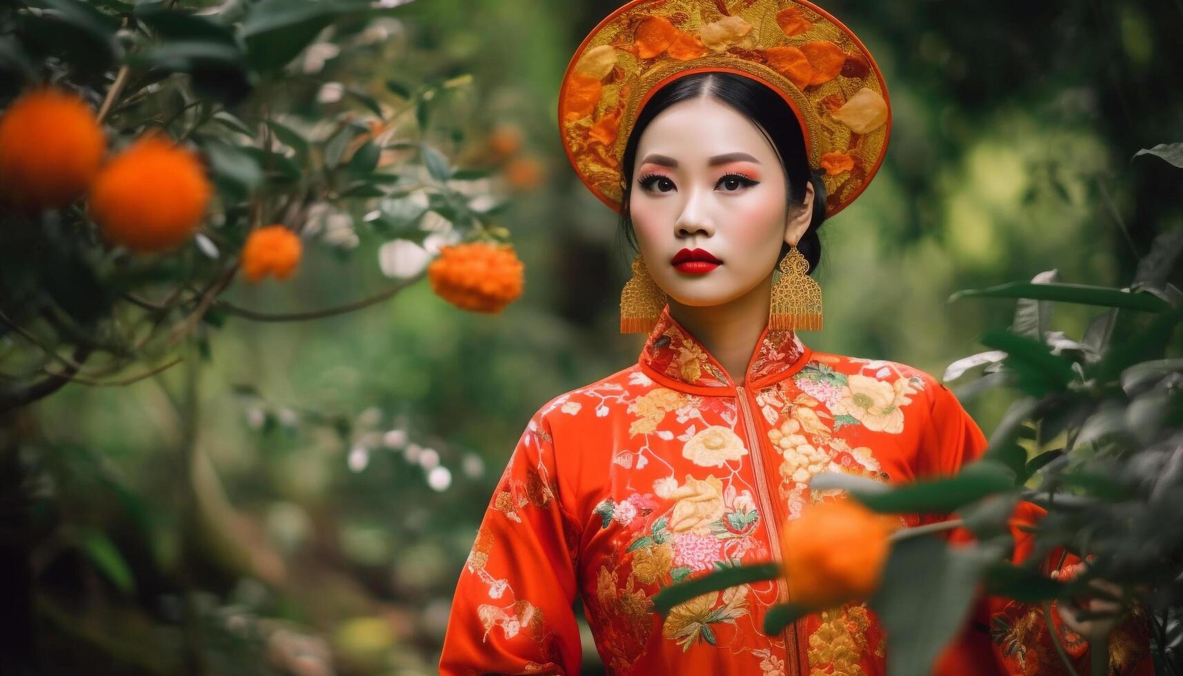 jovem gueixa dentro tradicional fantasia, cercado de lindo natureza gerado de ai foto