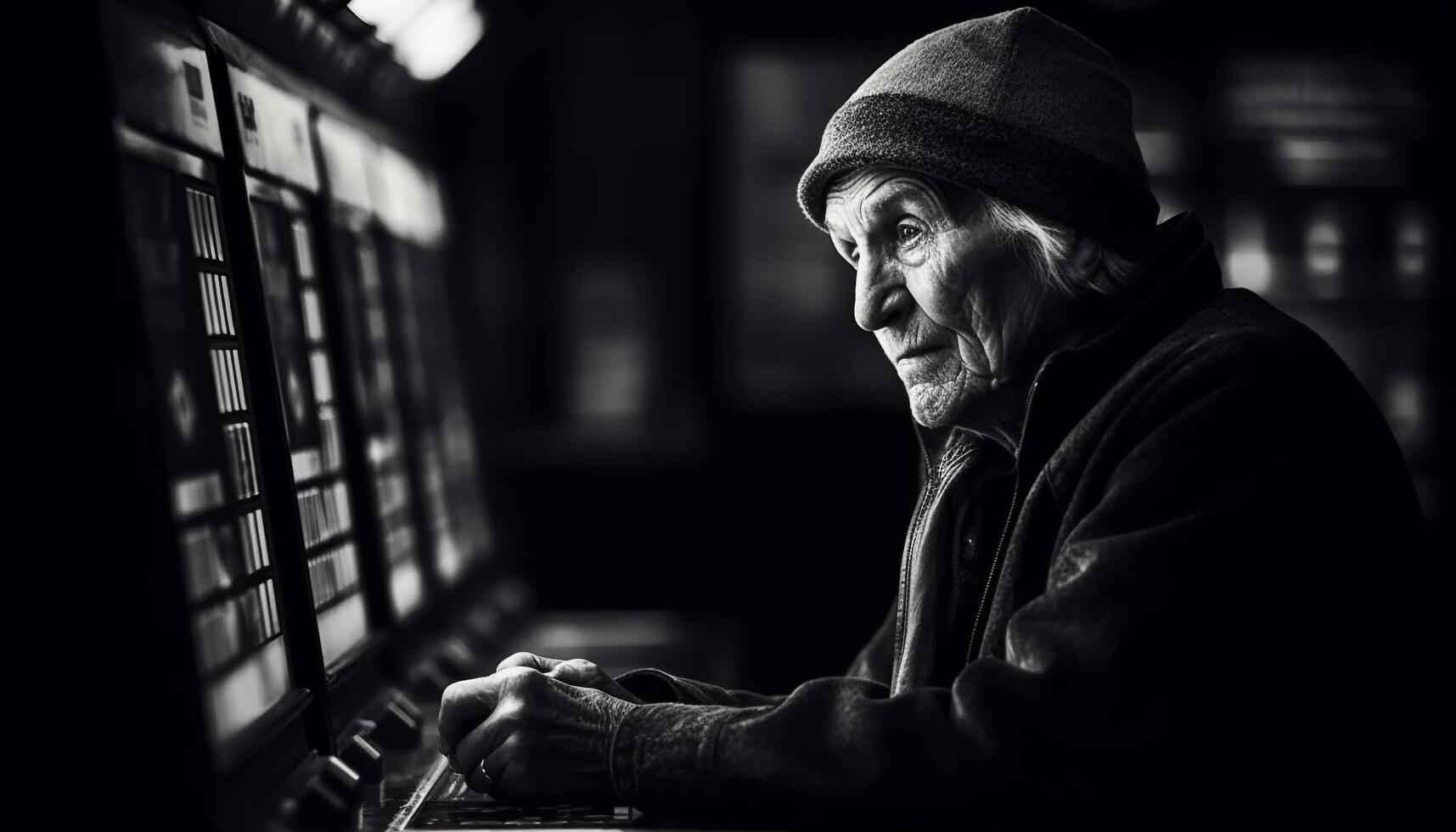 sério músico dentro monocromático, concentrando em noite velho formado melodia gerado de ai foto