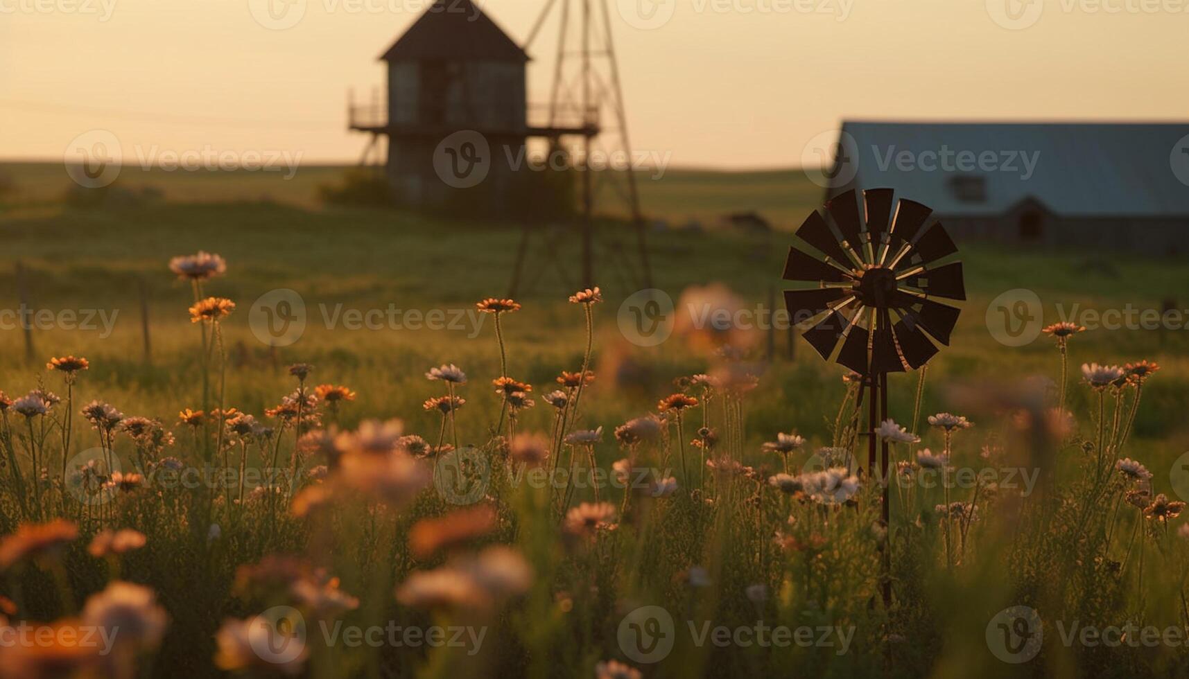 idílico Prado floresce com multi colori flores silvestres debaixo verão pôr do sol céu gerado de ai foto