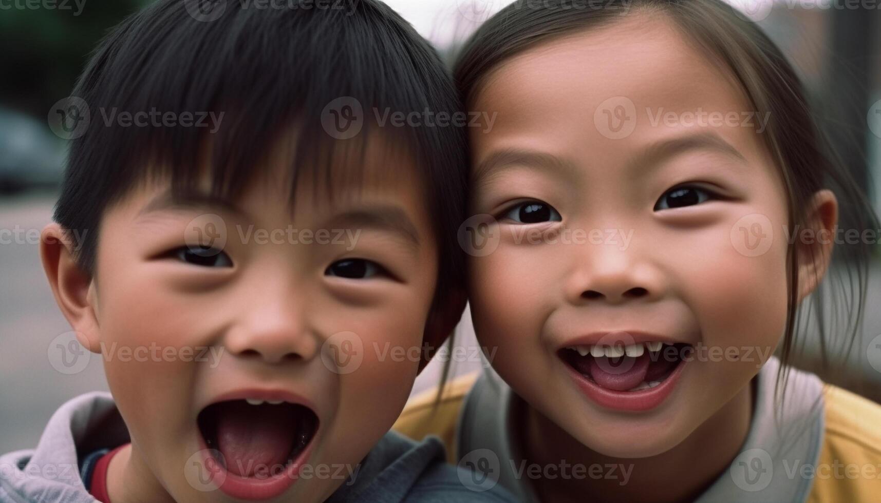 sorridente irmãos apreciar brincalhão natureza, fechar acima retrato captura felicidade gerado de ai foto