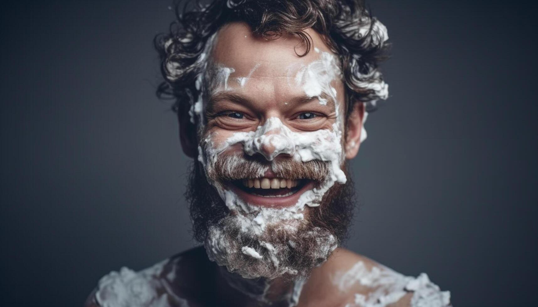 sorridente barbudo homem olhando às Câmera com barbear creme espuma gerado de ai foto