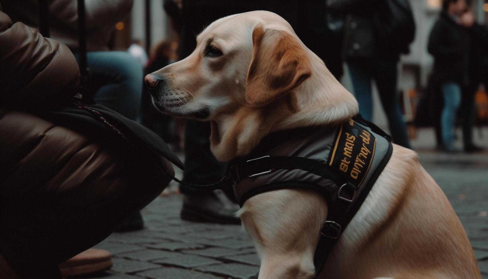 de raça pura retriever esperando em coleira, olhando fofa para cidade vida gerado de ai foto