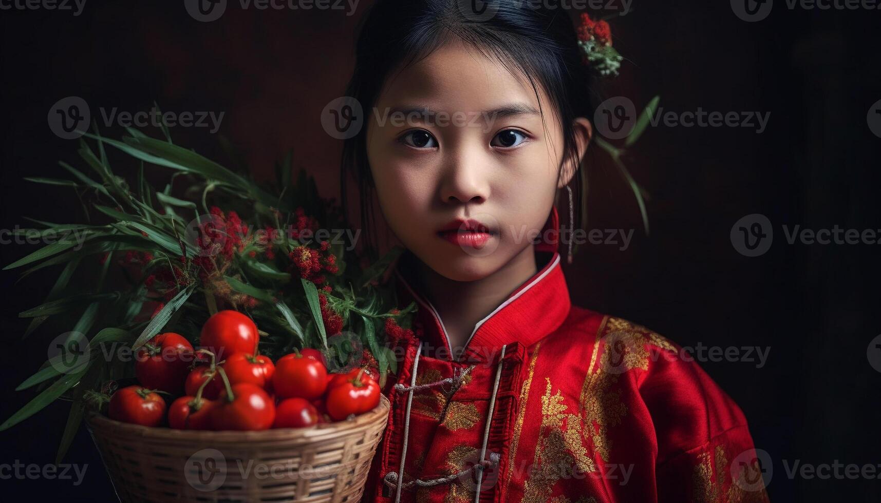 fofa meninas dentro tradicional chinês vestir sorridente para a Câmera gerado de ai foto