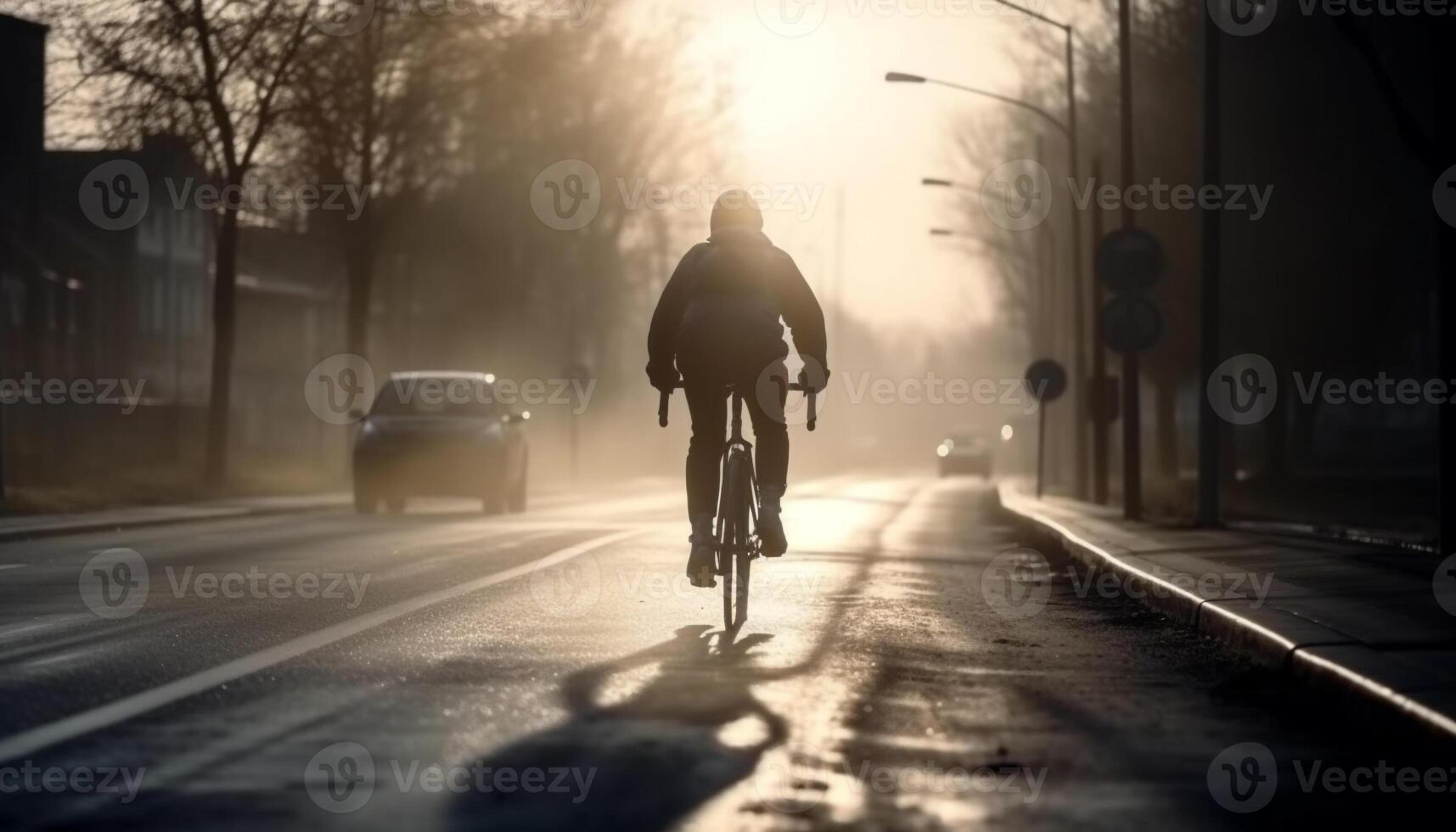 1 ciclista velocidades através cidade tráfego, vivo uma saudável estilo de vida gerado de ai foto