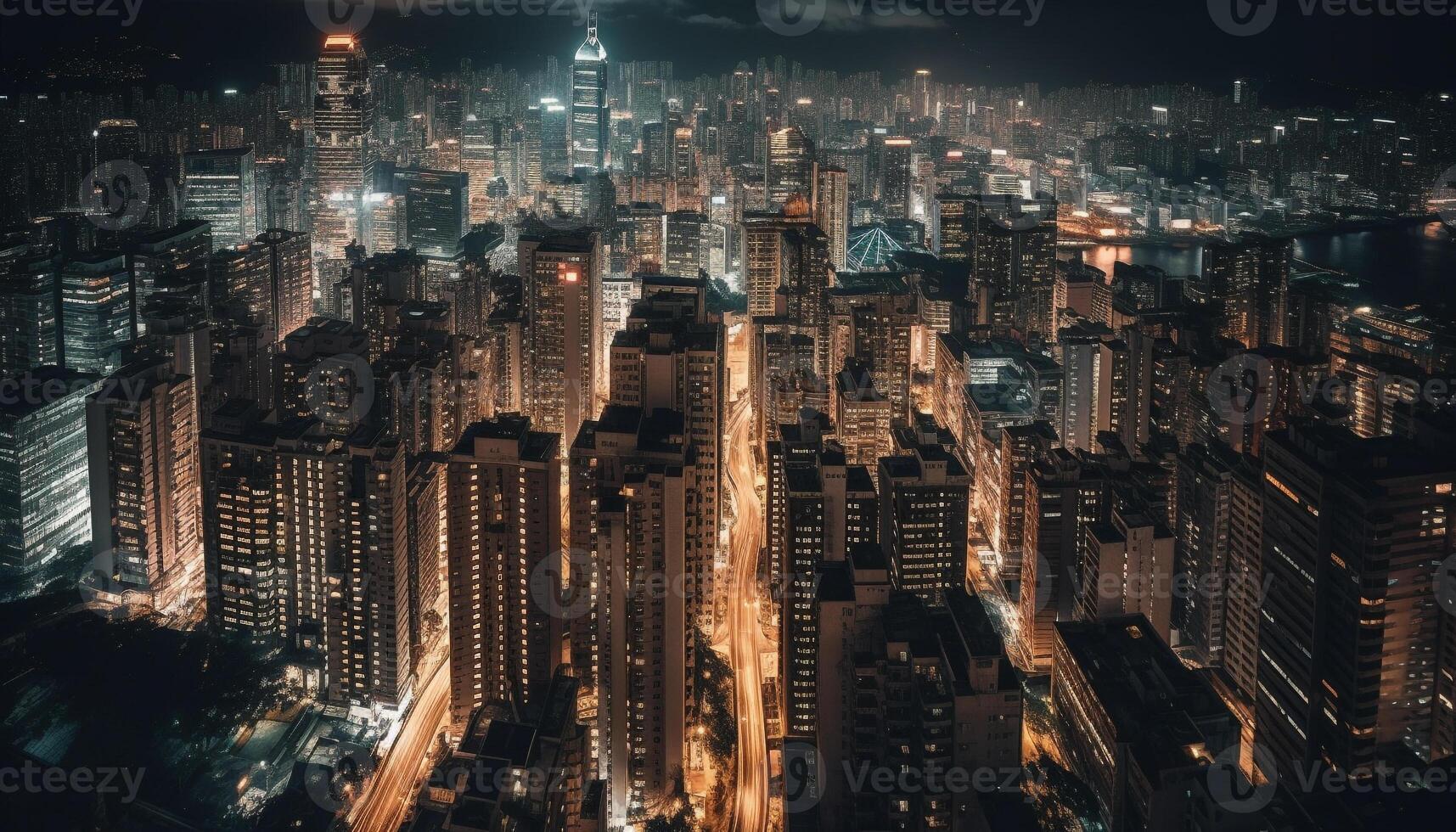 brilhando arranha-céus iluminar a cidade Horizonte às anoitecer gerado de ai foto