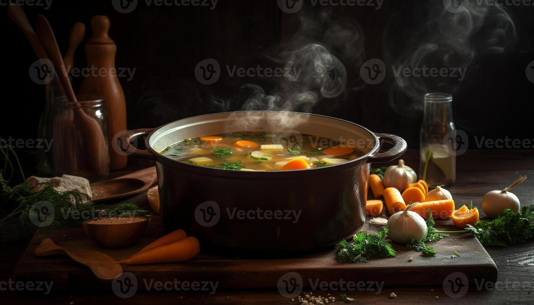 rústico vegetal ensopado cozinhou em madeira mesa com caseiro pão gerado de ai foto