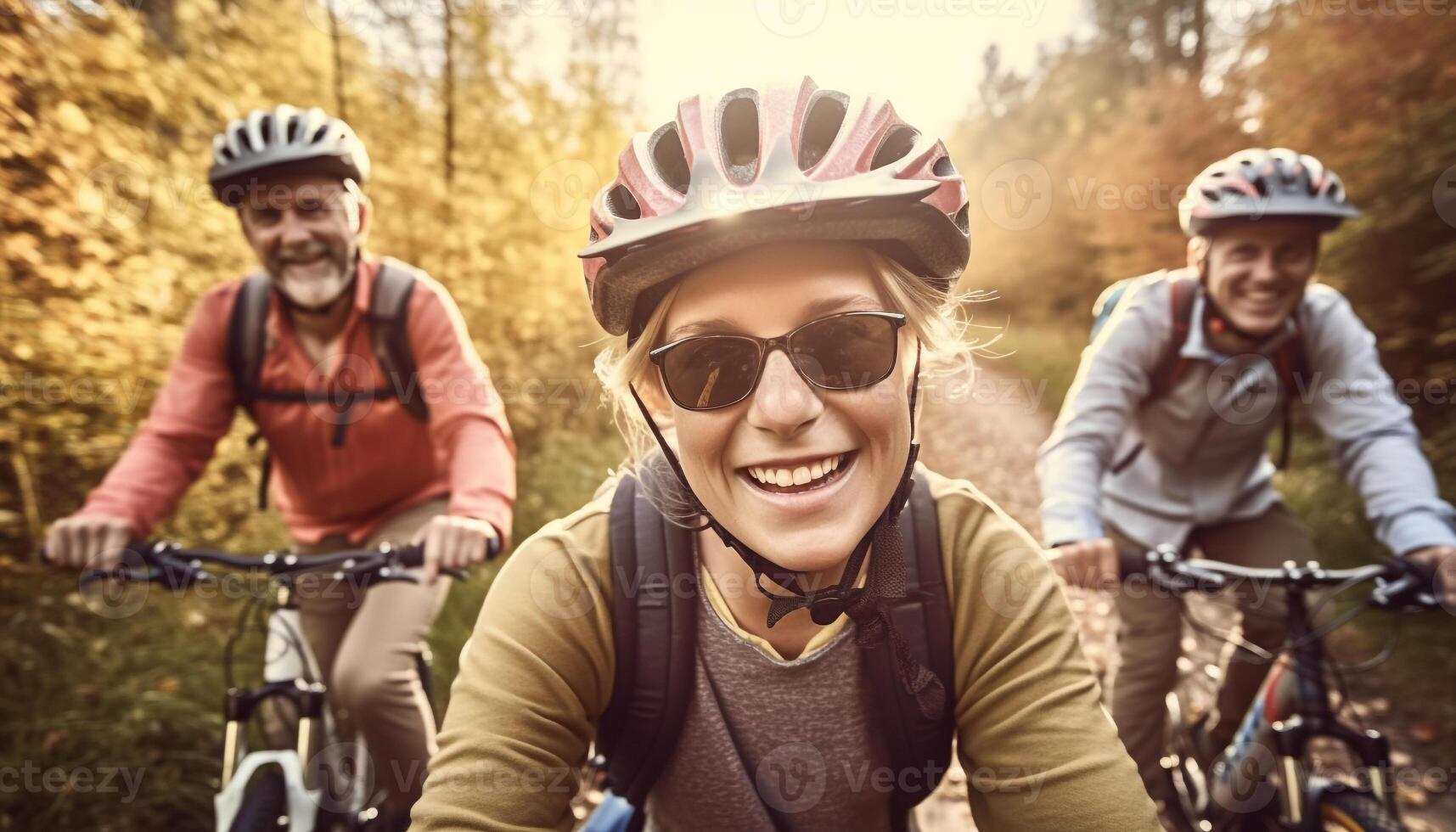 ciclismo ao ar livre com família, desfrutando natureza e saudável estilos de vida gerado de ai foto