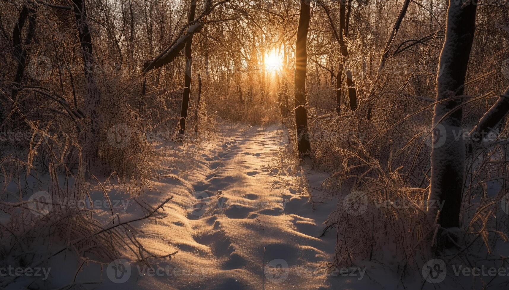 tranquilo inverno floresta, neve coberto trilha, luz solar através pinho árvores gerado de ai foto