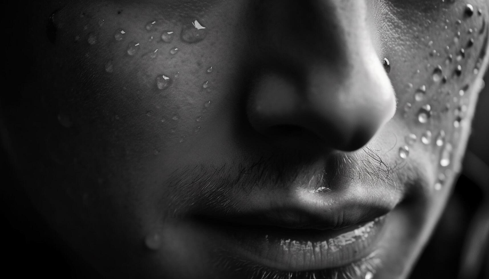 jovem adulto mulher sorridente, molhado com gota de chuva em face gerado de ai foto