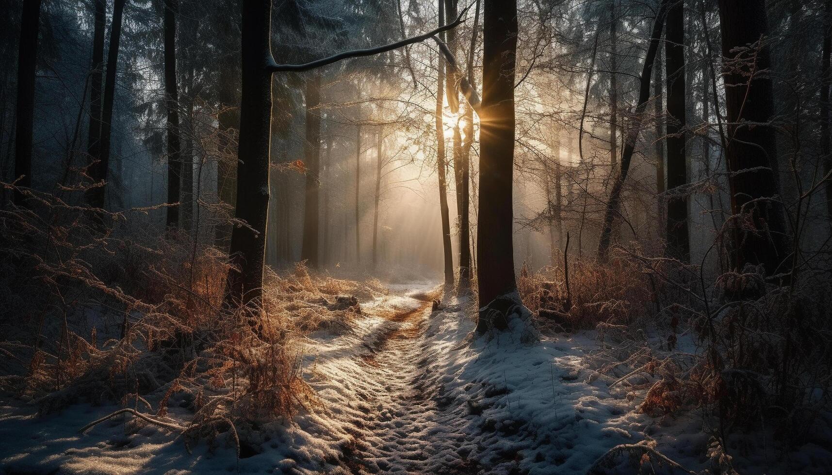 tranquilo trilha ventos através misterioso inverno floresta, beleza abunda gerado de ai foto