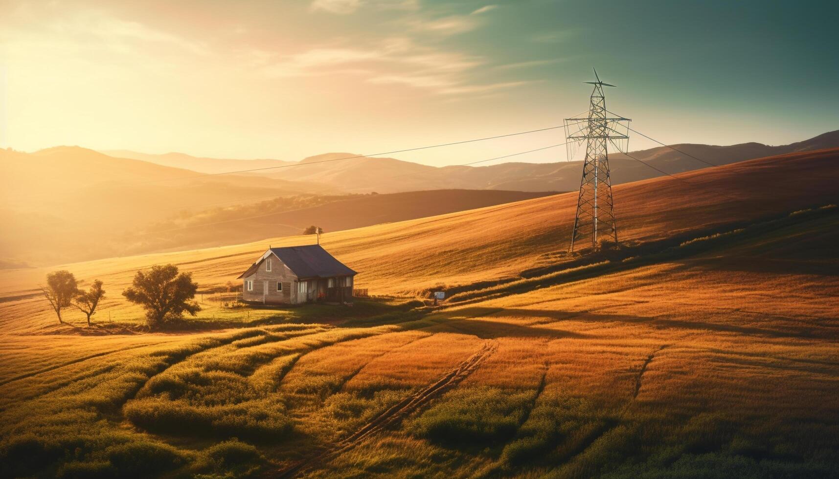 pôr do sol sobre rural montanha fazenda, tranquilo Prado, natureza beleza gerado de ai foto