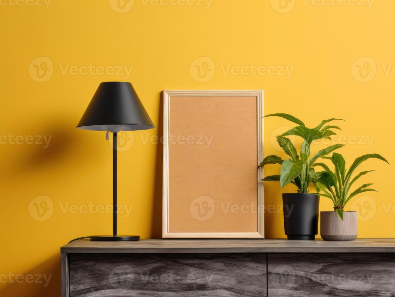 de madeira foto quadro, Armação brincar amarelo parede montado em a de madeira gabinete, interior decorado com plantar folha, luminária e vaso. ai gerado