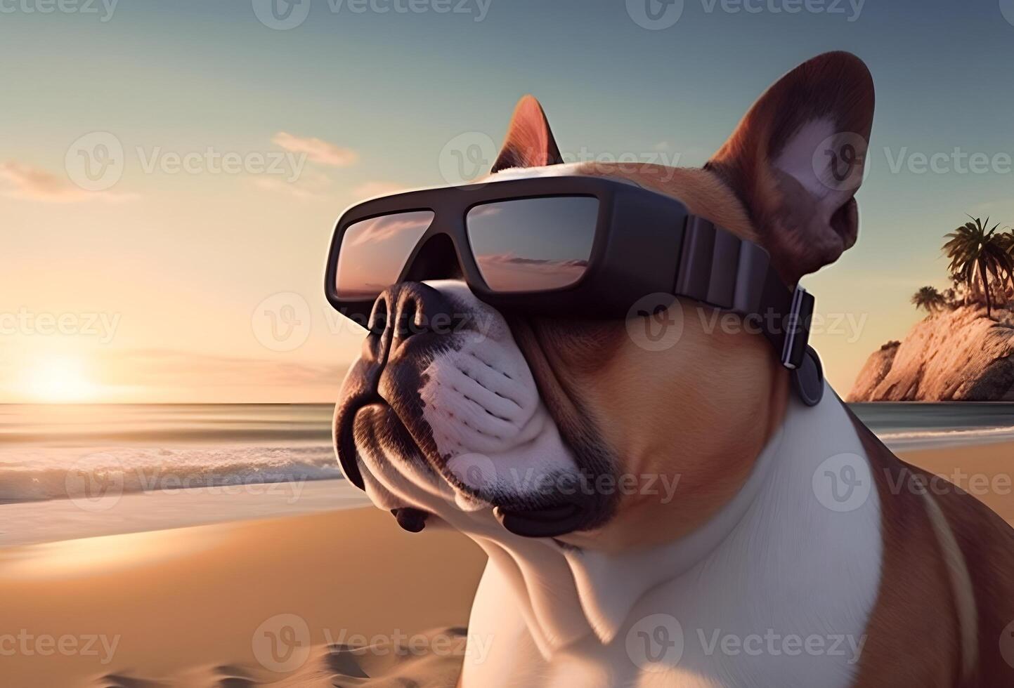 touro cachorro com vr óculos relaxante às de praia. ai gerado imagem. foto