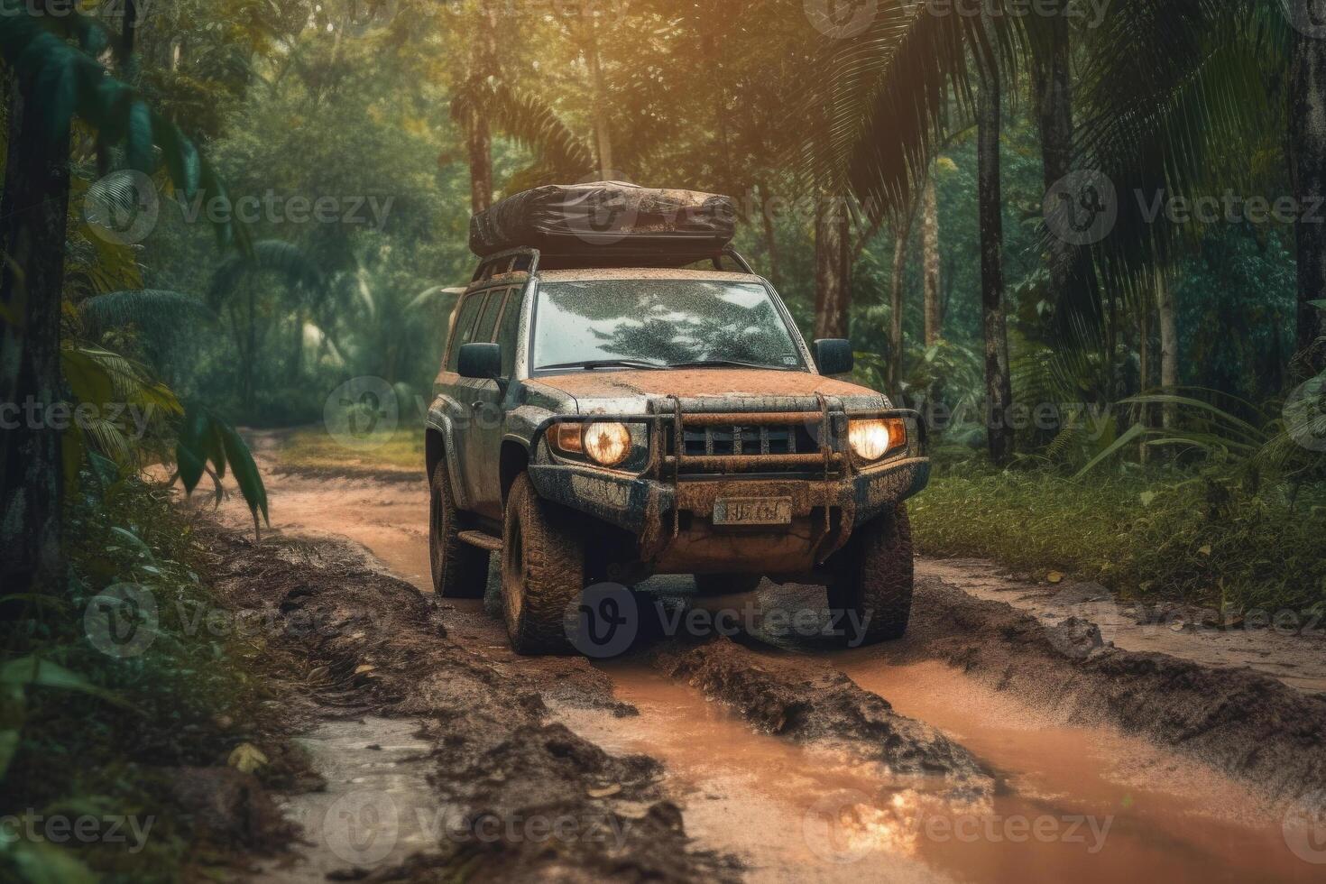 quatro roda dirigir suv é dirigindo em turvar estrada dentro selva. generativo ai foto