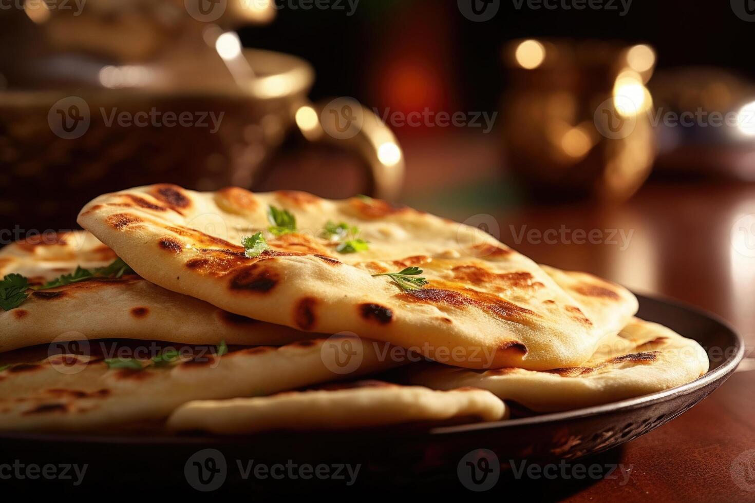 naan pão dentro placa. pão sírio com especiarias. indiano cozinha. generativo ai foto