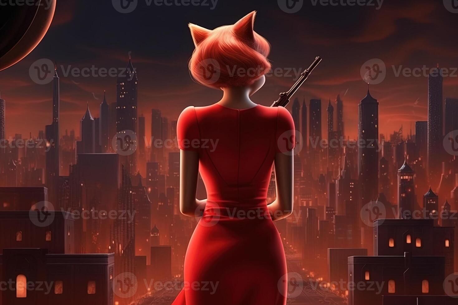 gato Como lindo femme fatal, vestindo uma furtivo vermelho vestir e segurando uma pistola, em pé dentro frente do uma dramático paisagem urbana desenho animado estilo ilustração generativo ai foto