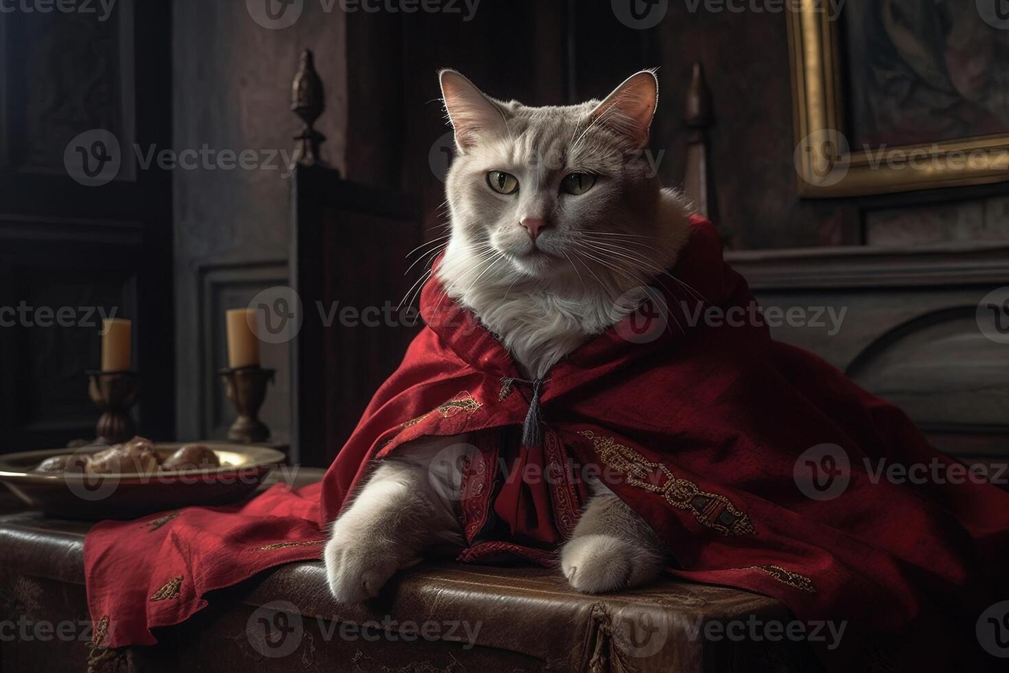 vermelho capa medieval vestir dante Alighieri gato ilustração generativo ai foto