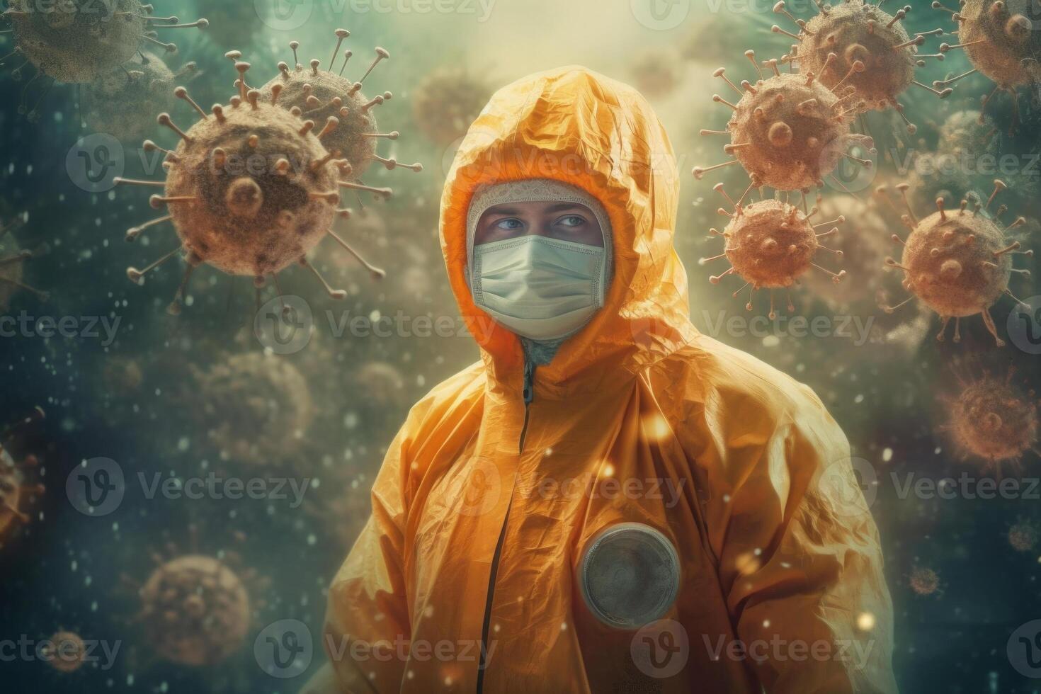 pessoa dentro médico mascarar perto vírus células. generativo ai foto
