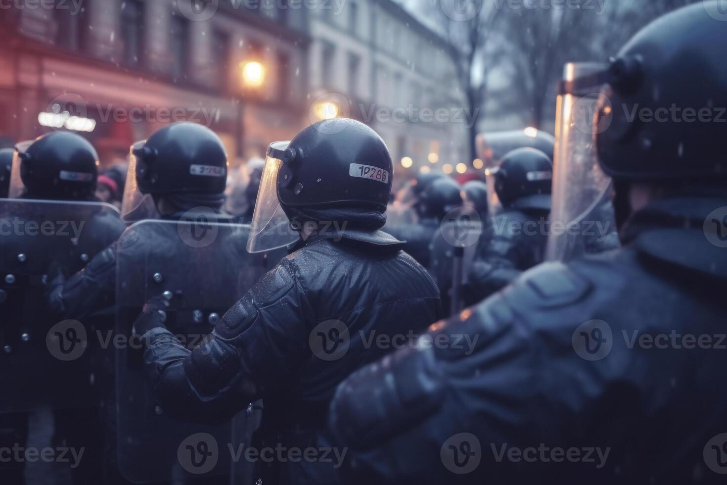 polícia pelotão vestindo uniforme em a cidade rua. generativo ai foto