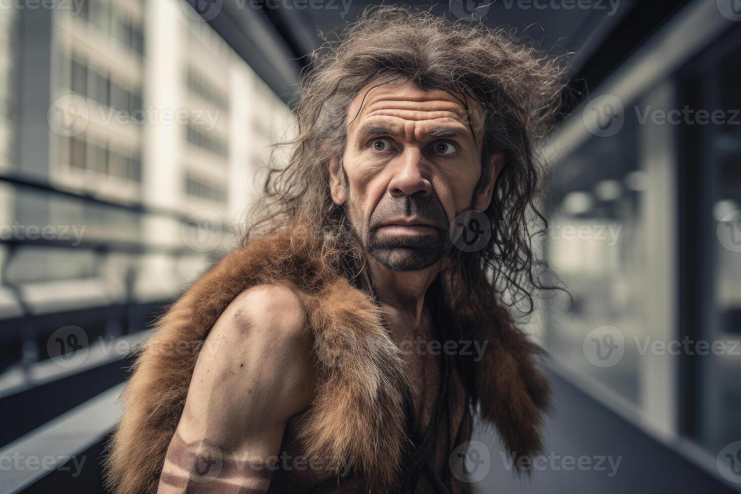 retrato do pré-histórico homem às cidade rua dentro presente tempo. generativo ai foto