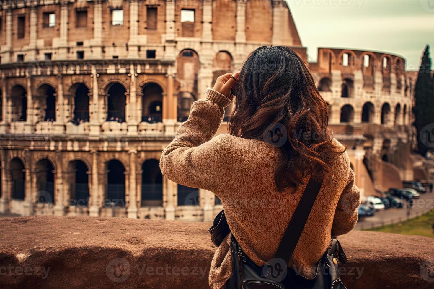 Visão a partir de a costas do menina turista levando cenário do Coliseu dentro Roma ilustração generativo ai foto