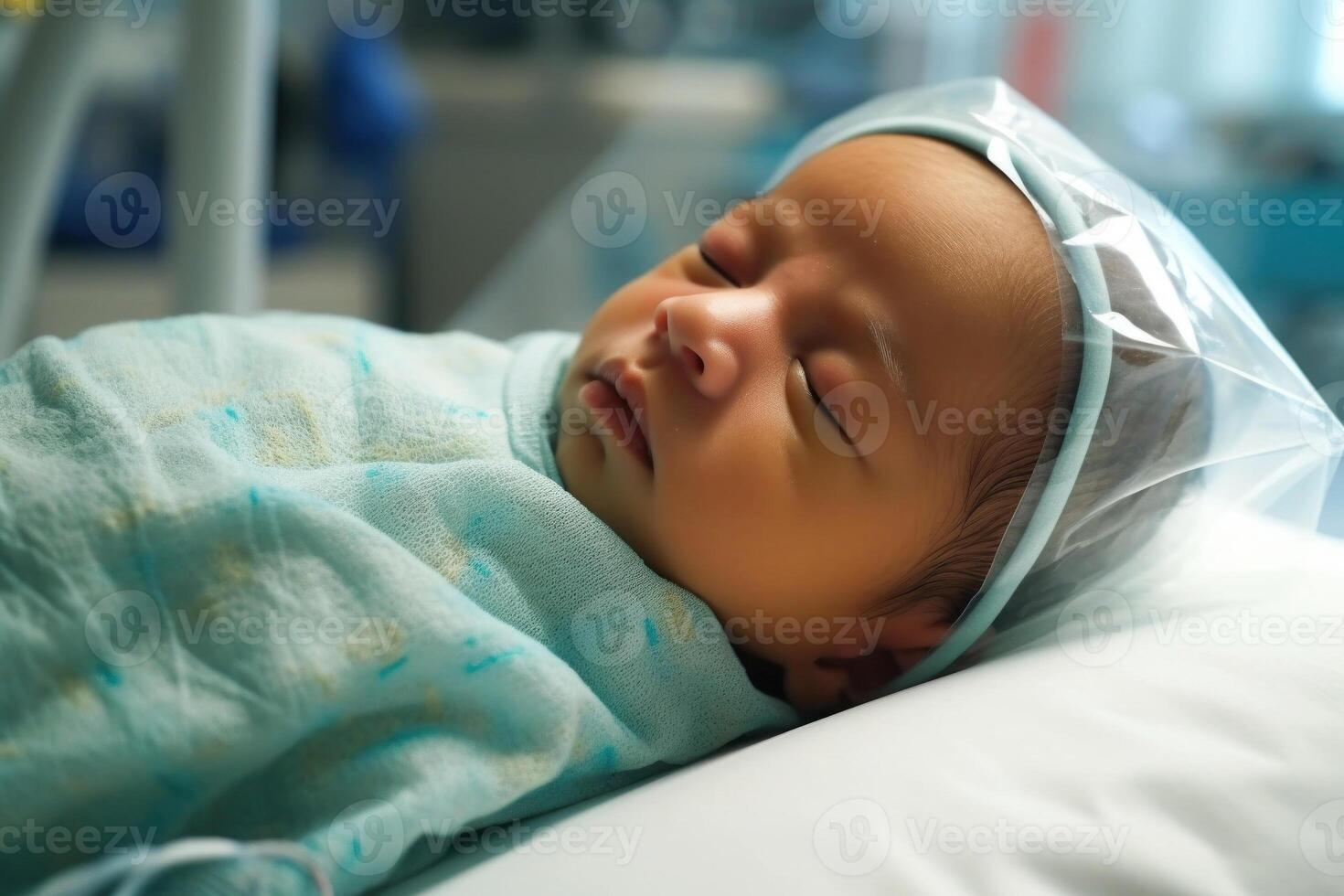 recém-nascido bebê dormindo em uma hospital cama. generativo ai. foto