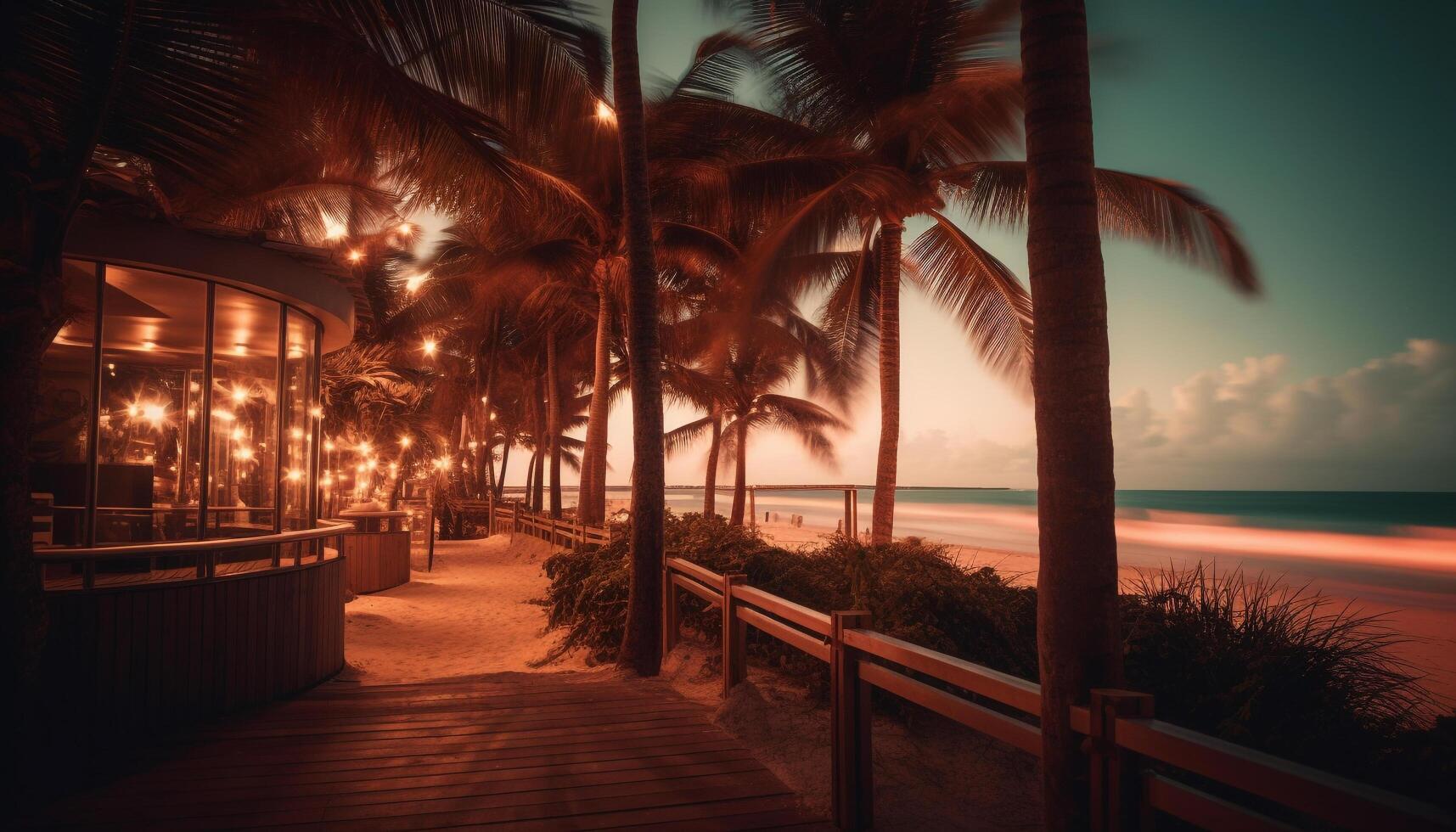 tropical Palma árvores balançar dentro a pôr do sol tranquilo beleza gerado de ai foto