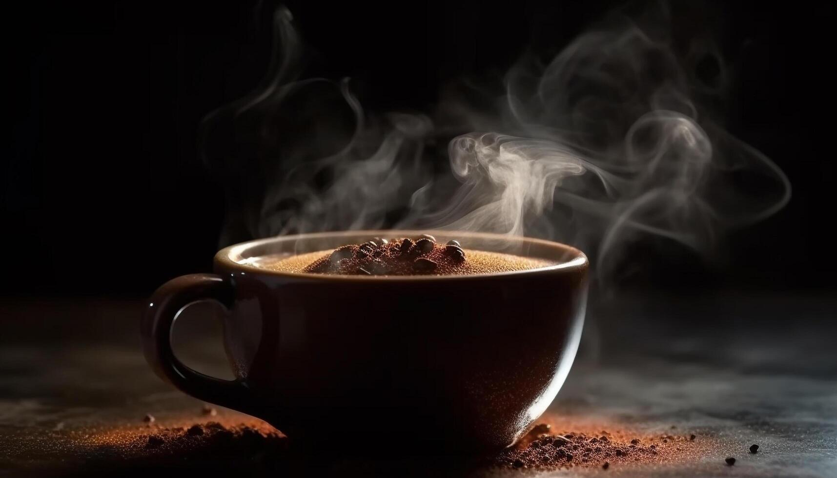 quente café vapores em rústico madeira mesa, fechar acima do caneca gerado de ai foto