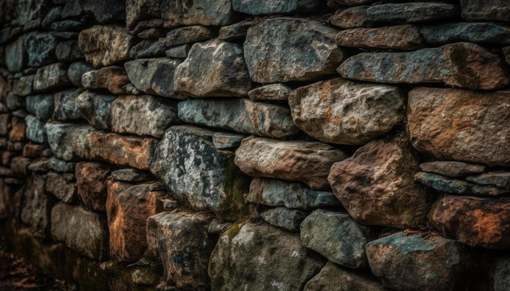 rude pedra parede com antigo tijolo padrão, cercado de natureza gerado de ai foto
