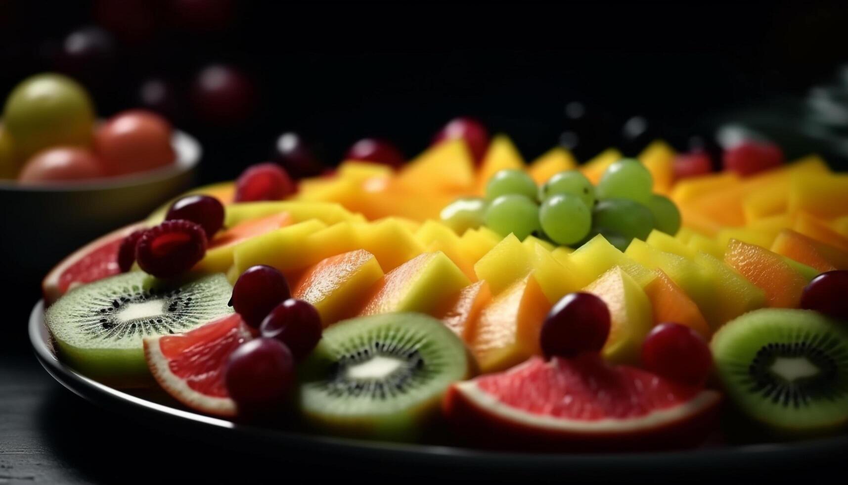 colorida fruta salada tigela com suculento kiwi, uva, e framboesa fatias gerado de ai foto