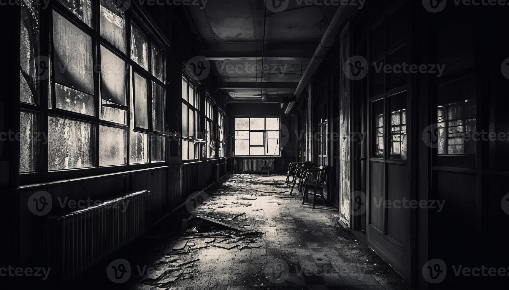 abandonado fábrica corredor, oxidado metal e velho formado projeto, assustador sombras gerado de ai foto