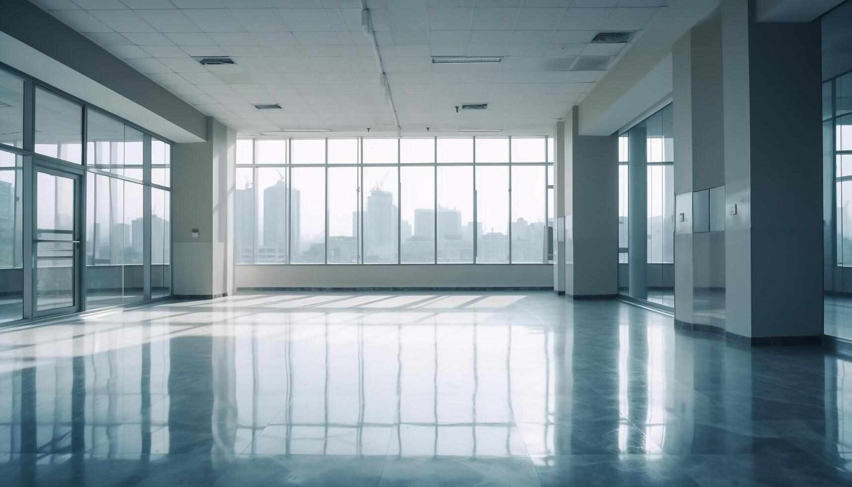 moderno escritório com limpar \ limpo vidro paredes e brilhante aço pavimentos gerado de ai foto