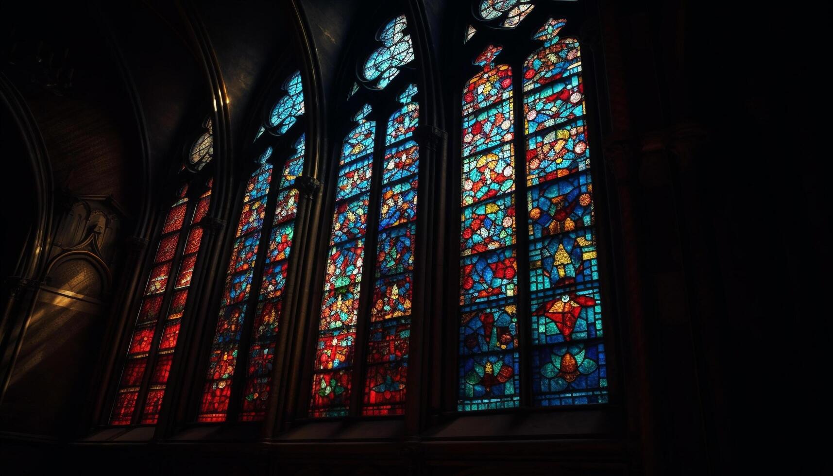 Rezar dentro Colônia gótico Mosteiro, admirando manchado vidro janela gerado de ai foto