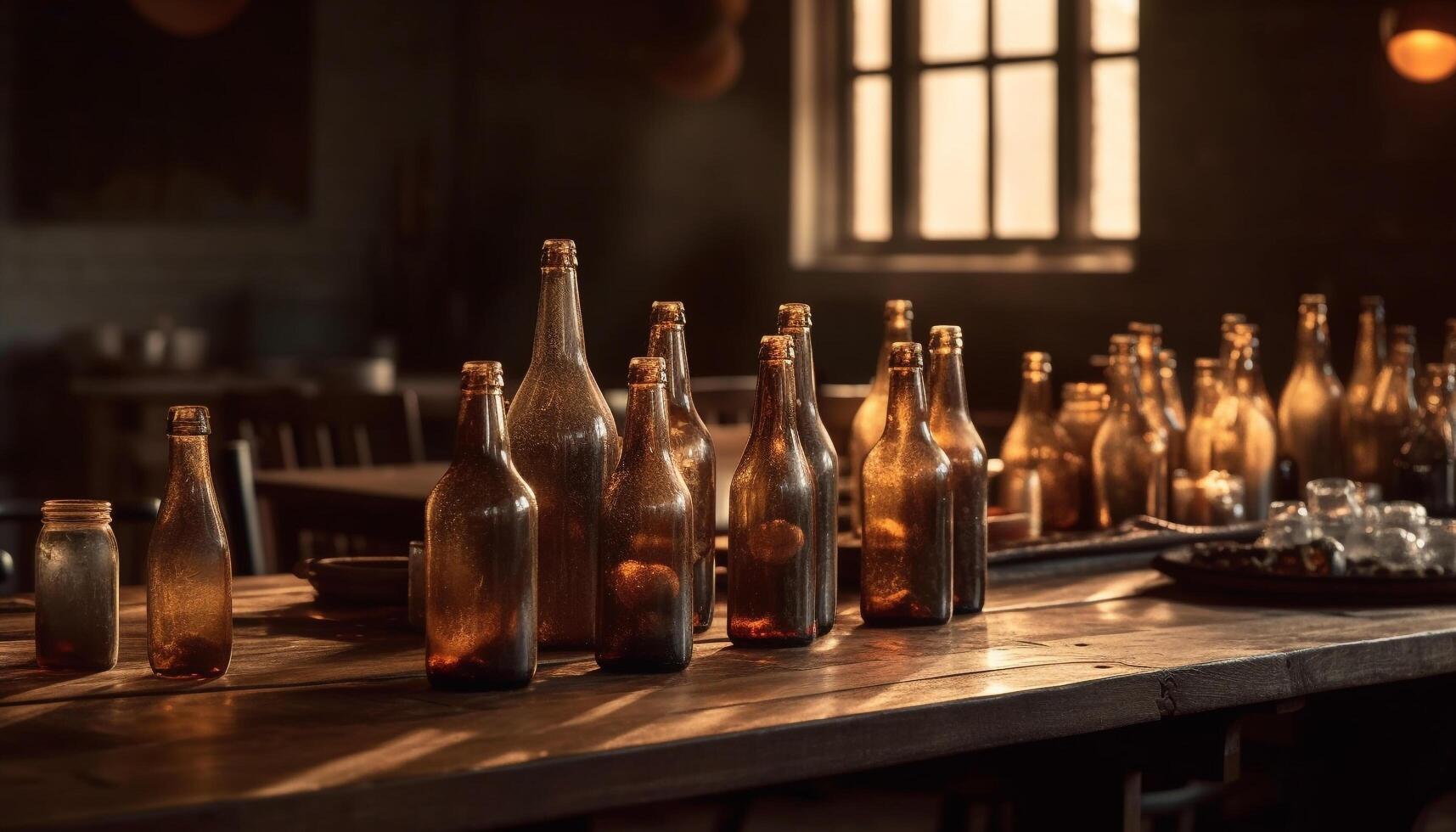 velho formado uísque garrafa em Sombrio de madeira mesa dentro Barra gerado de ai foto