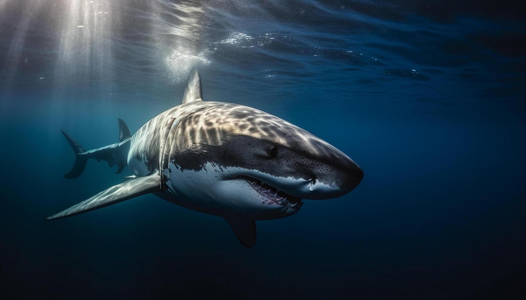 majestoso gigante mamífero mergulho para dentro profundo azul água salgada, dentes exposto gerado de ai foto