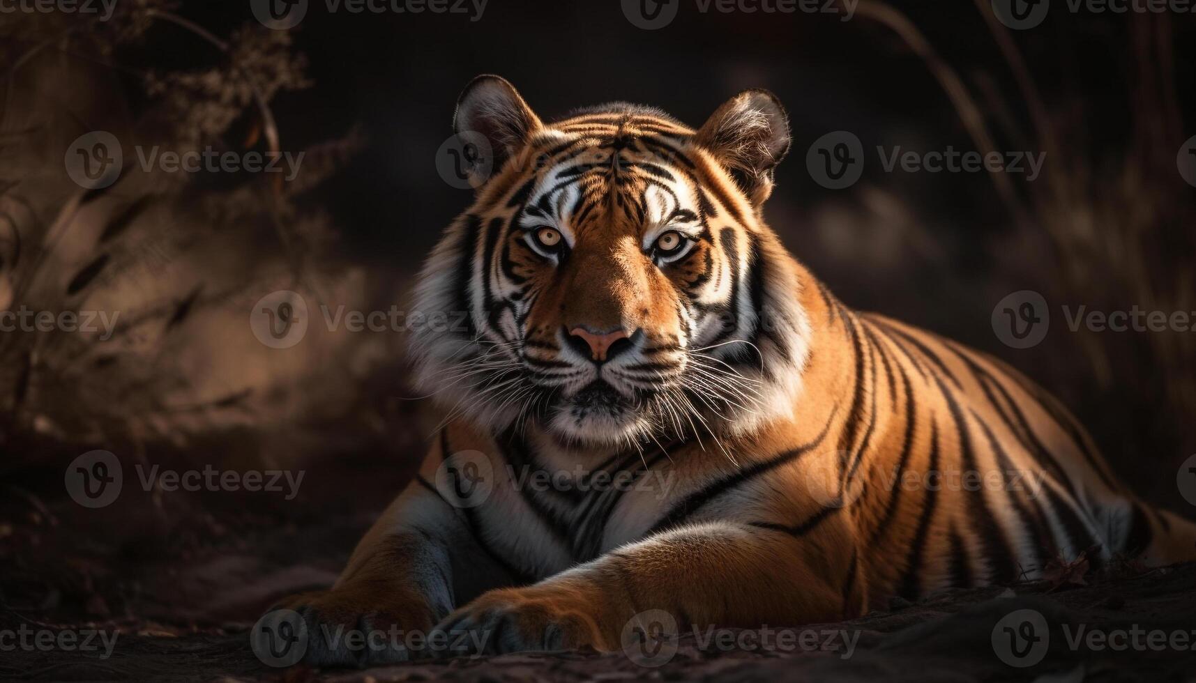 majestoso tigre encarando com agressão dentro tropical floresta tropical retrato gerado de ai foto