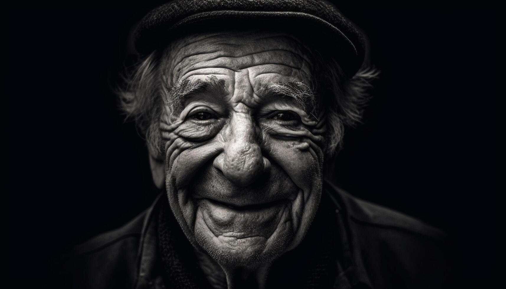 sorridente Senior homens, cinzento cabelo e rugas, fechar acima retrato gerado de ai foto